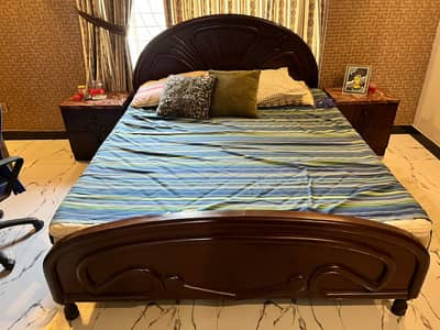 Pure wooden bed for sale, including a dressing table and two side tab