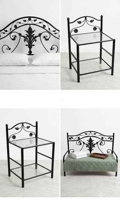 Iron bed, side tables, and side sofa for sale. Condition 7 out of 10.