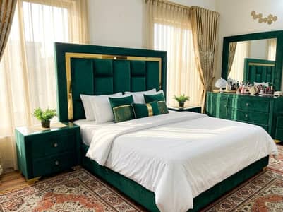 Luxury Emerald Green Velvet Master Bed with 2 Side Tables & Dresser