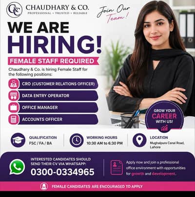 females staff required data entry CRO account officers