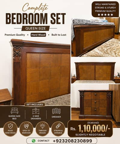 Premium Solidwood Queen Size Bed Set with Dresser & Side Tables