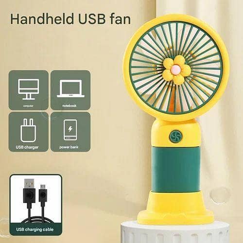 Premium 3-Speed Rechargeable Mini Handheld Fan with Fast Type-C Charging & Mobile Stand – Powerful Cooling in Aesthetic Flower Design
