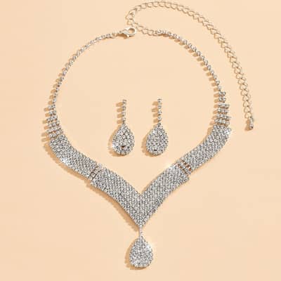 Sparkling V-Neck Necklace & Teardrop Earrings Set