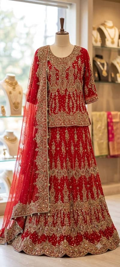 Bridal A-Line Frock with Chiffon Dupatta & Trouser (Medium)