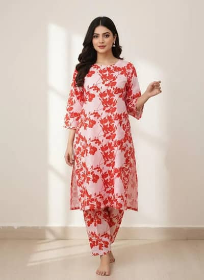 Premium White Digital Printed 2-Piece Suit for Women Micro Polo Cotton