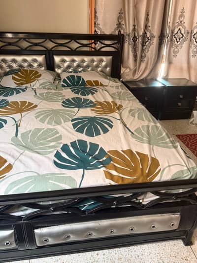 Modern Black Double Bed Frame with Silver Tufted Accents