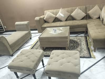 l shape sofa set with center table 2 puffy and 1 sitey