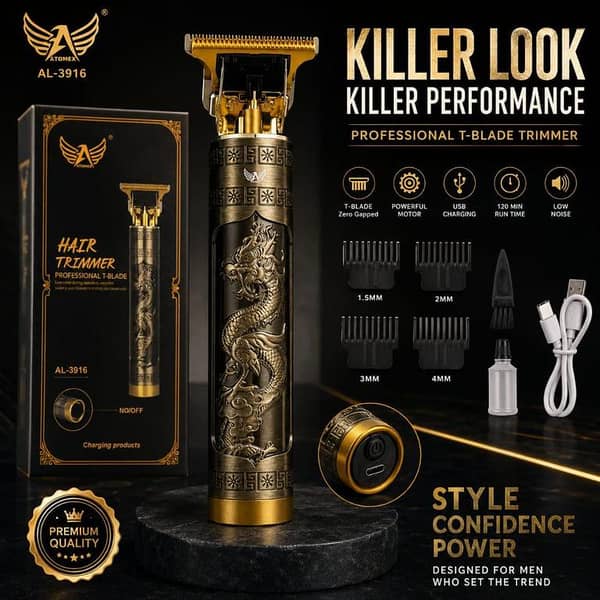 Rechargeable Professional Vintage T9 Hair Trimmer – Engraved Dragon Metal Body – Zero-Gapped T-Blade Cordless Grooming Kit for Men (Gold/Bronze Edition)