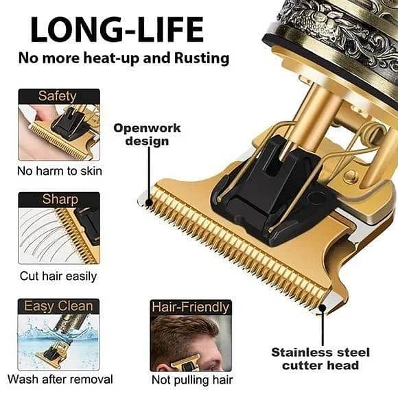 Professional Vintage T9 Hair Trimmer – Engraved Dragon Metal Body – Zero-Gapped T-Blade Cordless Grooming Kit for Men (Gold/Bronze Edition)