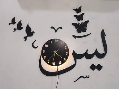 3D Laser Cut Wooden Wall Clock Black Backlight