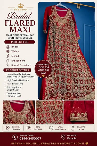 Premium Red Bridal Flared Maxi with Embroidered Dupatta