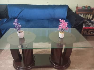 Stylish Dual-Pillar Wooden Coffee Table with Heavy Glass Top