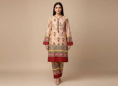 Women Unstitched Printed Suit Pink Polo Cotton 2 Pcs