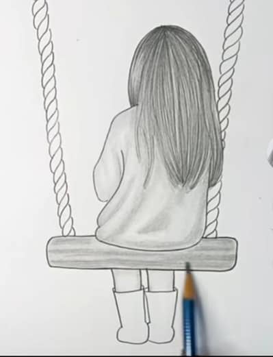 pencil sketch of girl on swing hand drawn artl