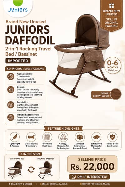 Brand New Unused Juniors Daffodil 2-in-1 Rocking Travel Bed / Bassinet