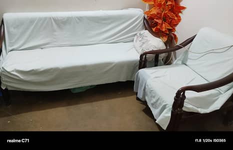 Title: Wooden Sofa Set + Glass Top Table For Sale