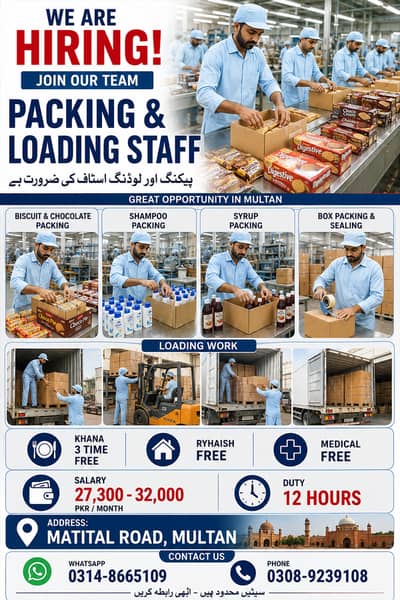 Packing & Loading Staff Required - Multan - Salary 32000 + Khana + Reh