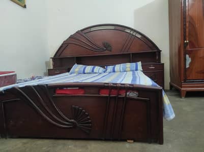Solid Wood Double Bed King Size with 2 Side Tables