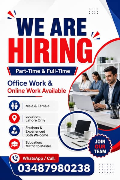 NEED MALE AND FEMALES STAFF FOR OFFICE WORK AND ONLINE WORK