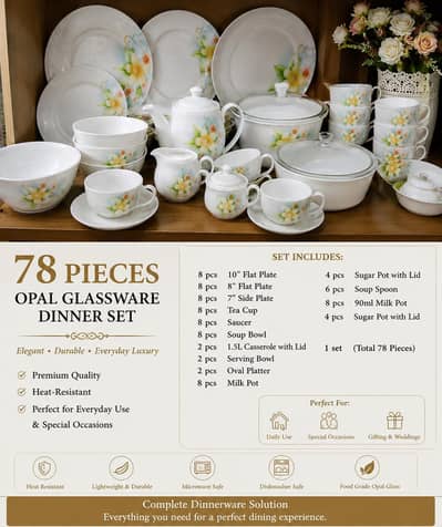 78-Piece Premium Opal Glass Dinner Set | Elegant Floral Design