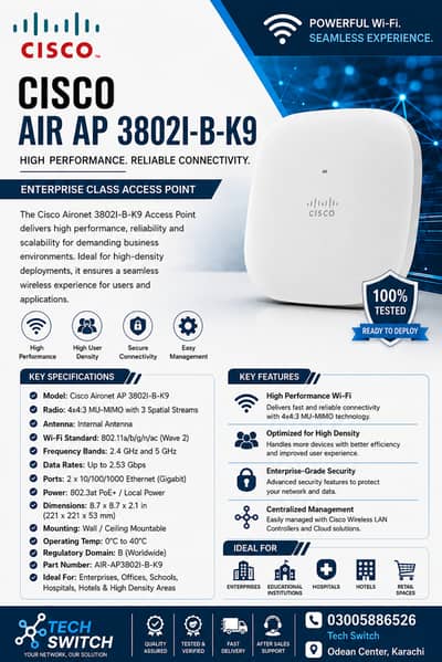 Cisco Aironet 3802I-B-K9 Enterprise WiFi Access Point | Tested