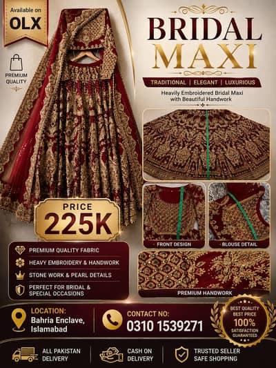 Bridal Maxi Heavy Embroidery Red & Gold - Premium Wedding Dress