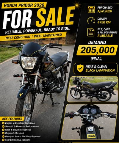 Honda Pridor 2026 – Neat Condition | 4,750 KM | Black Lamination
