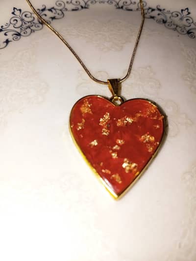 Crimson Heart Resin Pendant Necklace with Gold Leaf Accent
