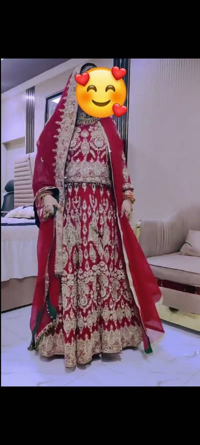 Red bridal lehenga choli, 2 dupatta, heavy embroidery