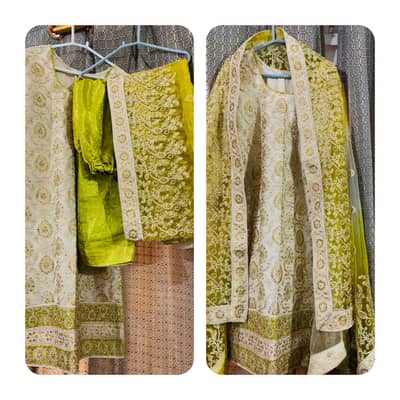 Heavy Embroidered 3 piece ladies suit off white&lime green