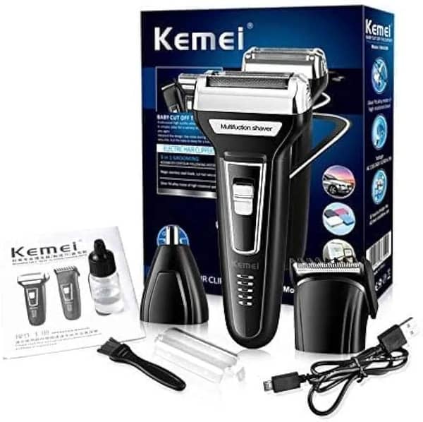 Original Kemei KM-5558 3-in-1 Rechargeable Grooming Kit for Men - Electric Shaver, Hair Clipper & Nose Trimmer - Professional Cordless Beard Styler & Grooming Machine (Blue)