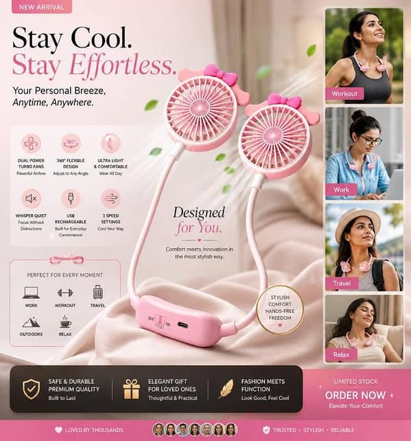 Portable Neck Fan Rechargeable USB Mini Fan Wearable Hands Free Neckband Fan 360° Flexible 3 Speed Personal Cooling Fan Quiet Desk Fan for Workout Work Travel