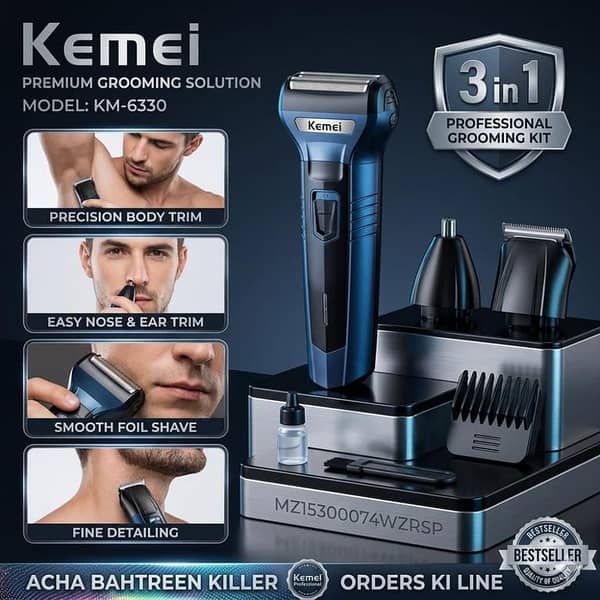 Kemei KM-6330 3 in 1 Professional Grooming Kit For Men - Rechargeable Shaving Machine, Hair Clipper, Beard & Nose Trimmer, Electric Cordless Shaver, Baal Katne Wali Machine, Khat Trimer Mashine - Blue & Black