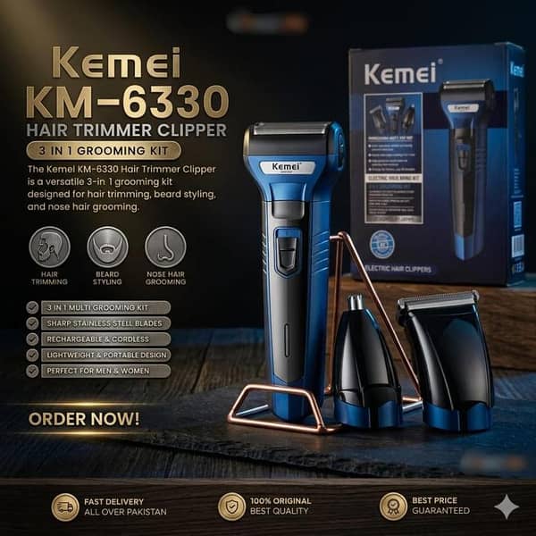 Kemei KM-6330 3 in 1 Professional Grooming Kit For Men - Rechargeable Shaving Machine, Hair Clipper, Beard & Nose Trimmer, Electric Cordless Shaver, Baal Katne Wali Machine, Khat Trimer Mashine - Blue & Black