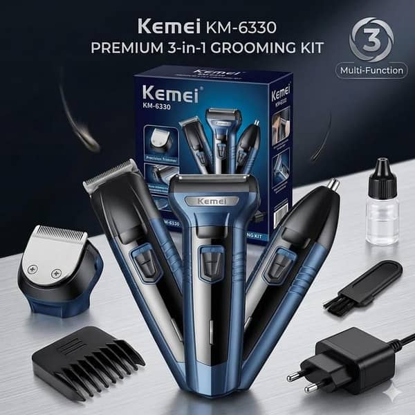 Kemei KM-6330 3 in 1 Professional Grooming Kit For Men - Rechargeable Shaving Machine, Hair Clipper, Beard & Nose Trimmer, Electric Cordless Shaver, Baal Katne Wali Machine, Khat Trimer Mashine - Blue & Black
