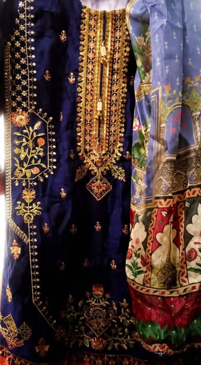 "Navy Blue Heavy Zari Embroidered 3pc Suit With Printed Dupatta"