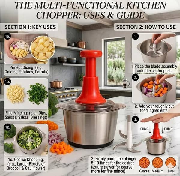 4 Steel Manual Kitchen Chopper – Heavy Duty Vegetable Dicer, Mincer & Meat Grinder – Smart Hand Press Plunger Design for Fast & Effortless Cooking!