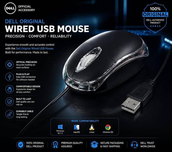 Dell Original Wired USB RGB Optical Mouse | High Precision 1000 DPI | Plug & Play | Ergonomic Silent Mouse for Laptop, PC, Desktop & Computer | Windows 11/10, macOS, Linux & Chrome OS Compatible  Description