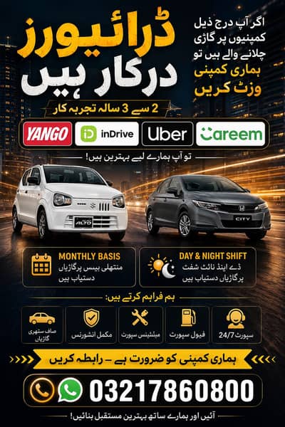 Drivers required yango indrive per day rental cars