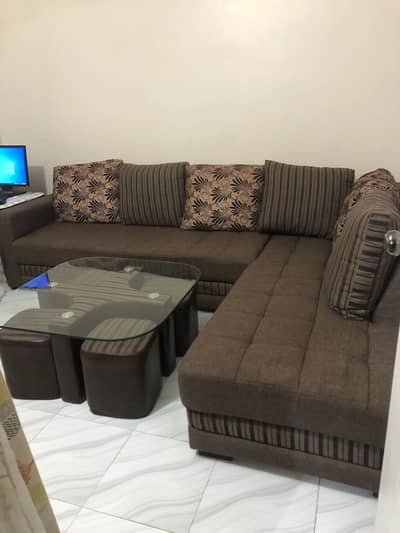 L-Shape Sofa Set with Glass Center Table & Stools