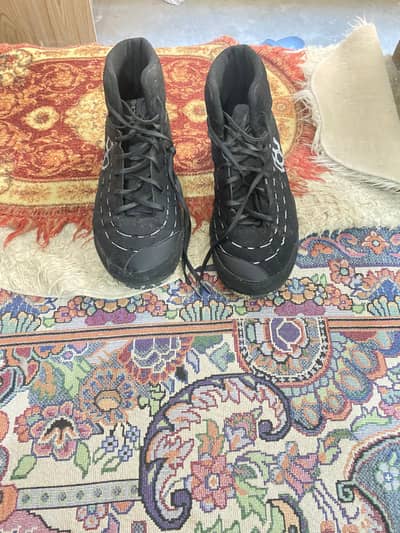 boxing shoes and gloves and head guard