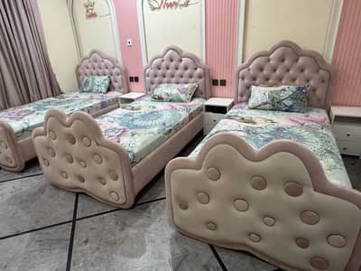 Kids beds 3 beds with 3 side tables and 3 chairs