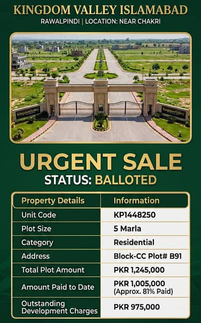 5 Marla Plot File Kingdom Valley Block CC B91 Balloted Urgent Sale