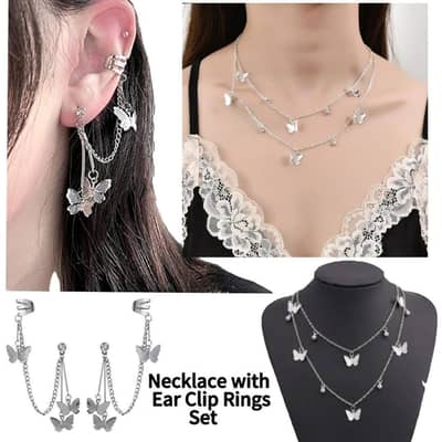 korean butterflly jewellryset -asthetic necklace and ear clip Rings
