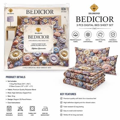 3 Pcs Digital King Size Bed Sheet Set Premium
