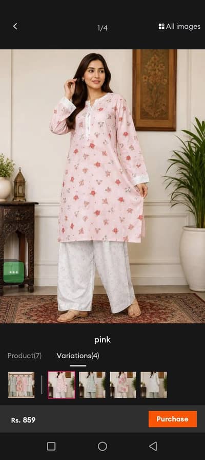 Womens 2 Piece Printed Lawn Dress - Pink Green White - All Sizes