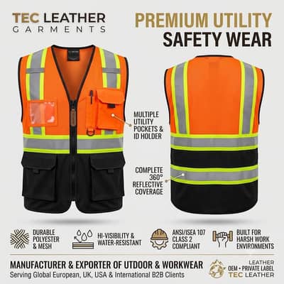 Premium Utility High-Vis Safety Vest / Jacket - TEC LEATHER GARMENTS