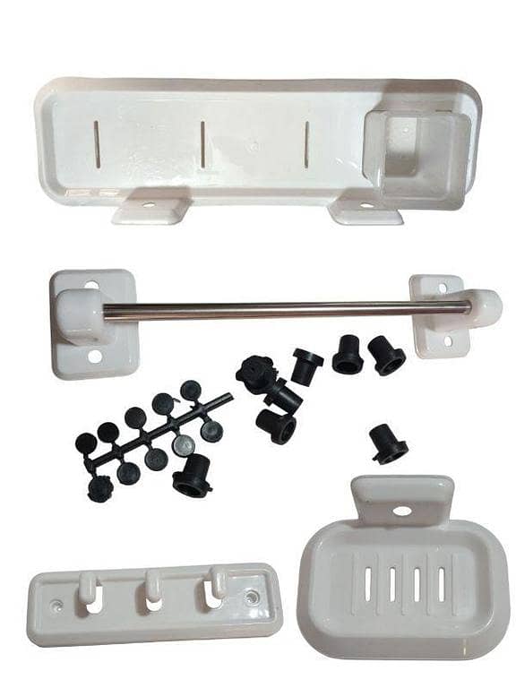 Plastic Bathroom Accessories Set | White Wall-Mounted Bathroom Shelf, Towel Rod, Hooks Rack and Soap Dish | 4-Piece Bathroom Fitting Set