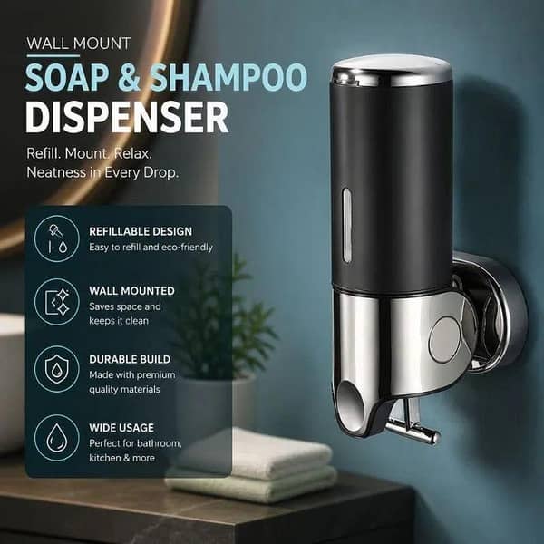 Wall-Mounted Soap Dispenser | Black and Chrome Liquid Soap Dispenser | Bathroom and Kitchen Manual Pump Dispenser