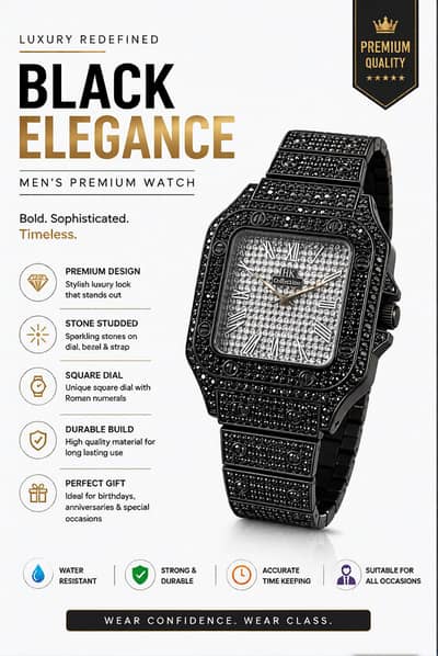 Luxury Black Stone Studded Men's Watch | Premium Fashion Watch